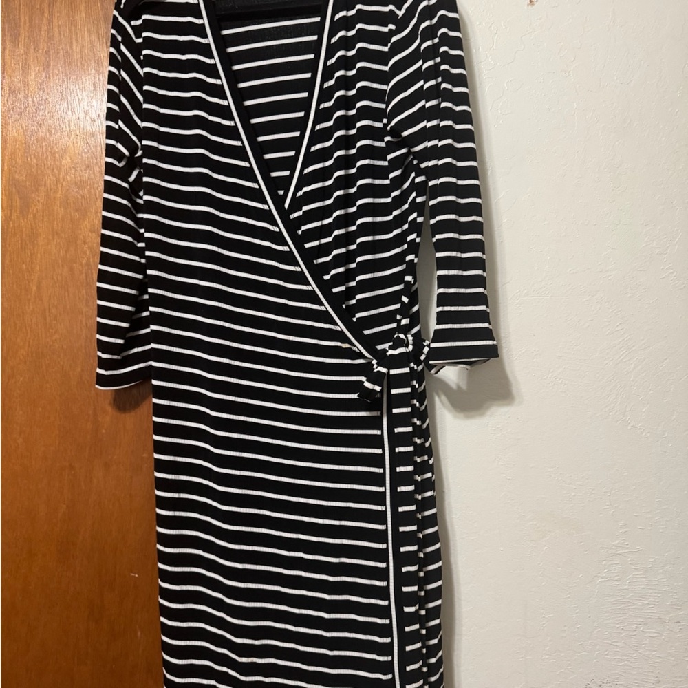 Black and White Fiore  Striped Wrap Dress